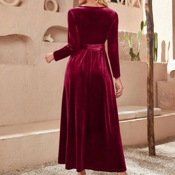 Long Sleeve Wrap V-neck Belted Velvet Burgundy Maxi Dress - Picture 4 of 9